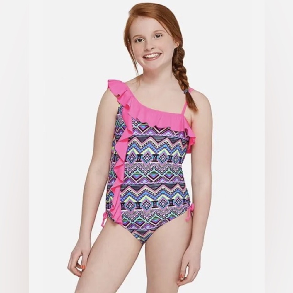 JUSTICE one shoulder swimsuit w ruffles EUC Sz 7